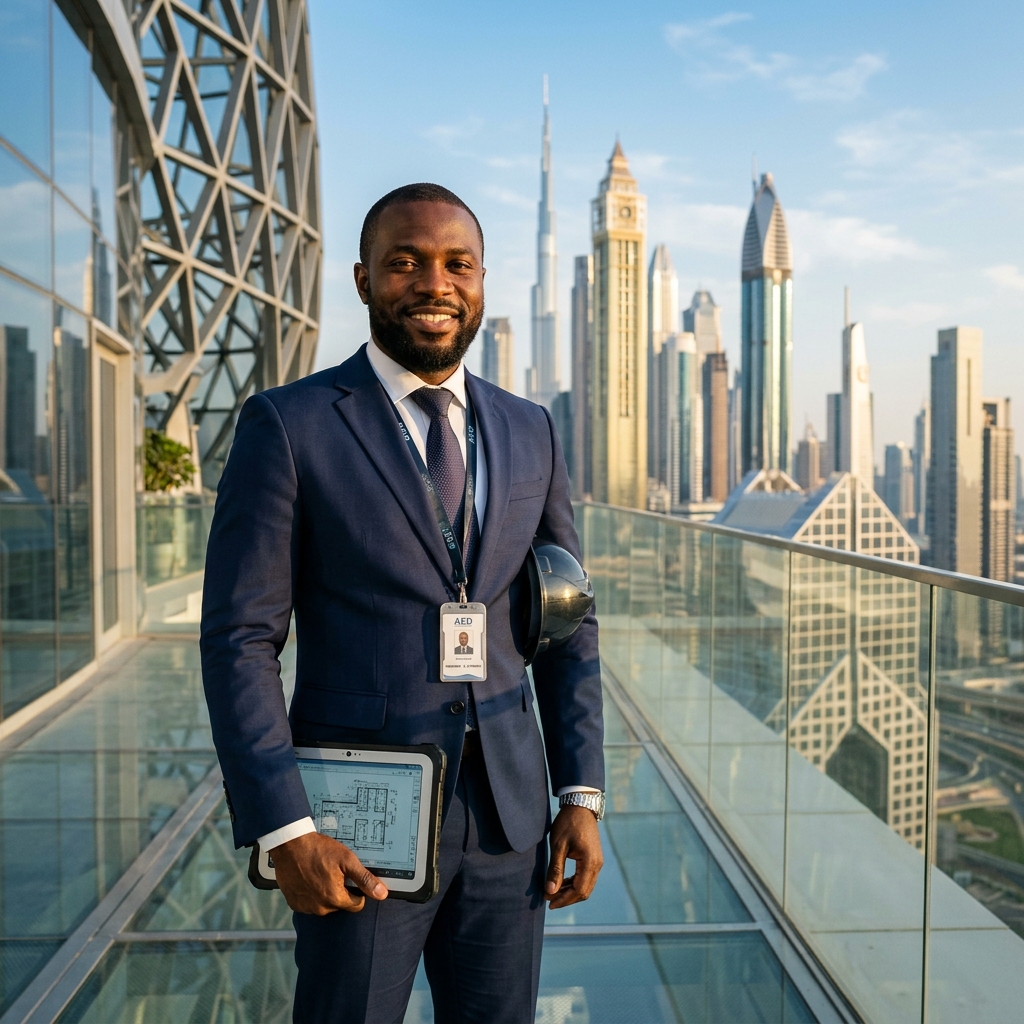 Dubai and Abu Dhabi skyline with professionals networking on a terrace