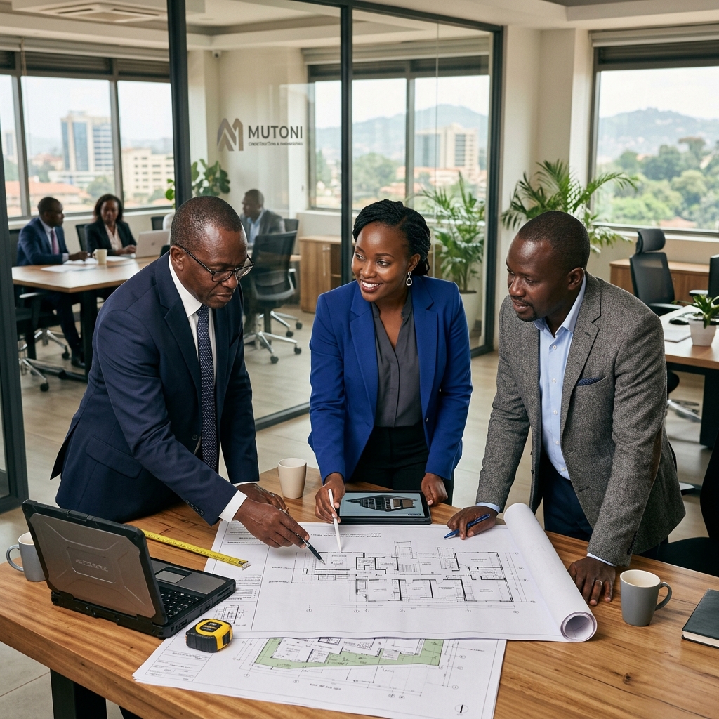 Ugandan engineering professionals discussing plans in a modern workspace