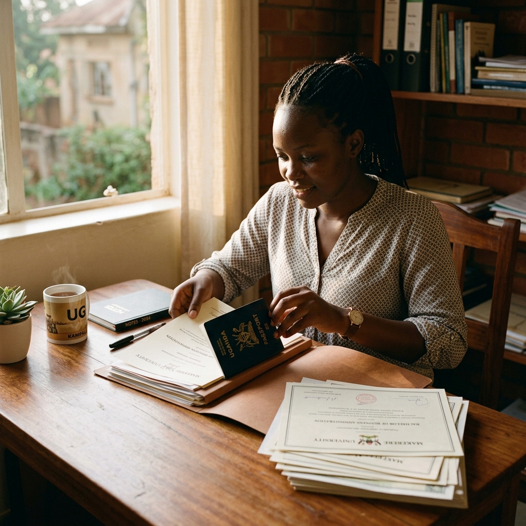 Ugandan professional organizing passport and career documents on a clean wooden desk