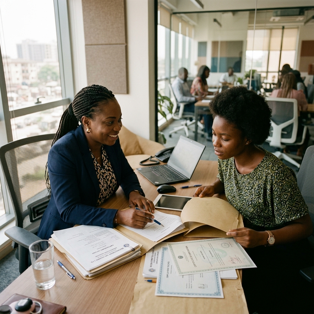 African recruitment consultant reviewing employment documents with a candidate in a modern office