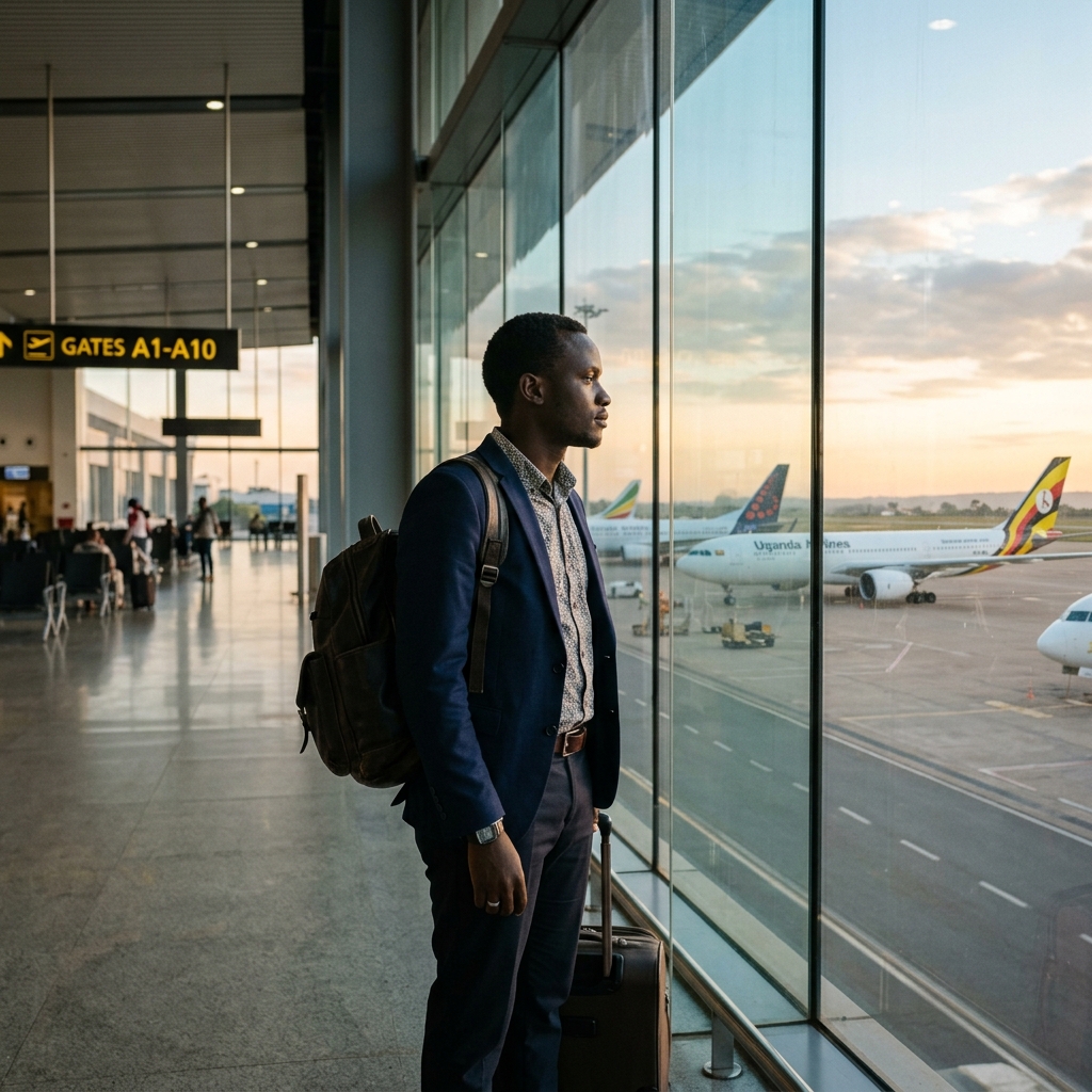 Ugandan professional at an international airport looking toward departure boards under morning sunlight