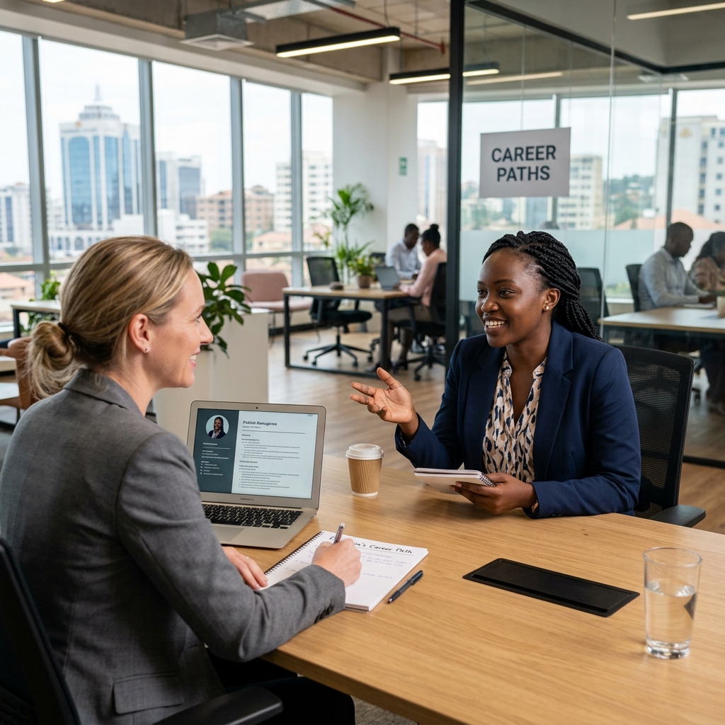 Ugandan candidate discussing goals with a recruitment advisor in a bright office