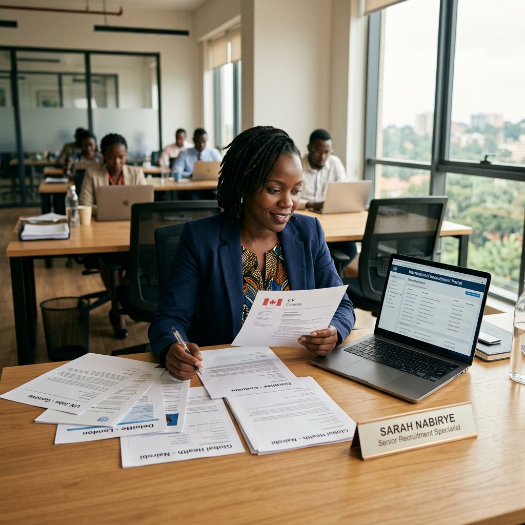 Recruiter reviewing opportunities on a map with printed documents spread on a table
