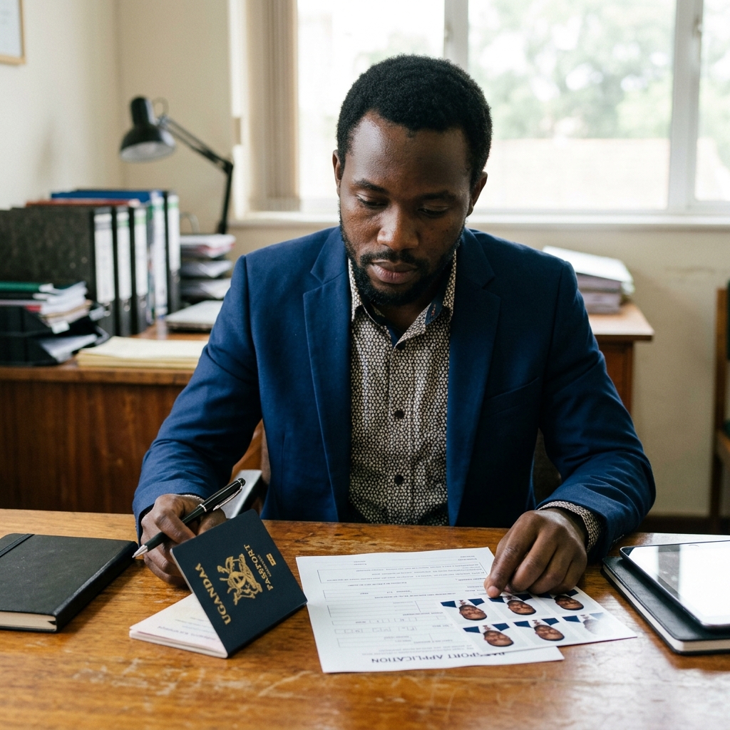 Passport, medical certificate and language books laid out on a wooden surface