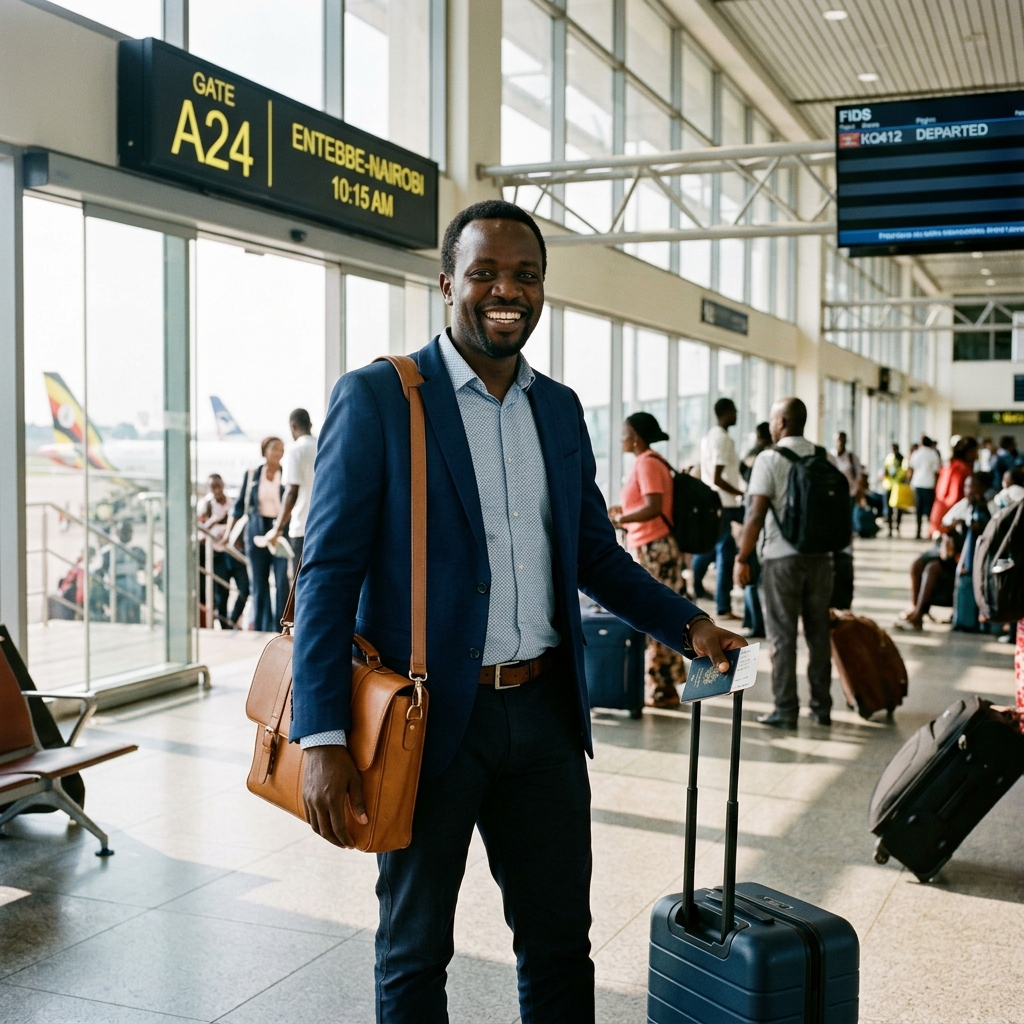 Candidate saying goodbye to family at an airport departure gate in morning light