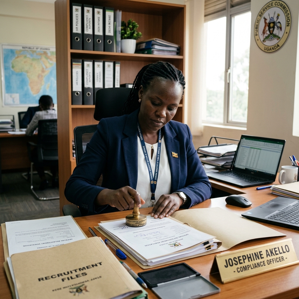 Quiet administrative scene with paperwork and stamps, no laptops in sight